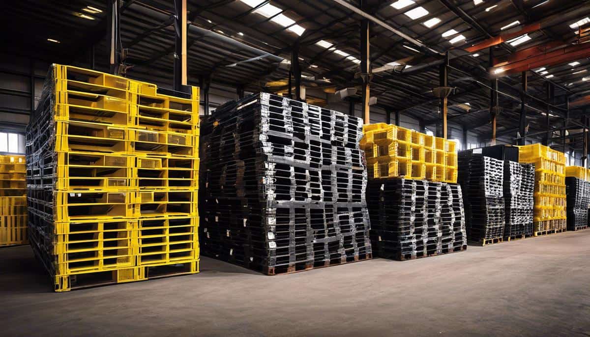 An image showing plastic pallets stacked in a recycling facility