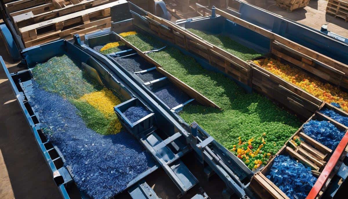 Image depicting the process of palletized plastic recycling, showing various stages of sorting, washing, drying, and extrusion.